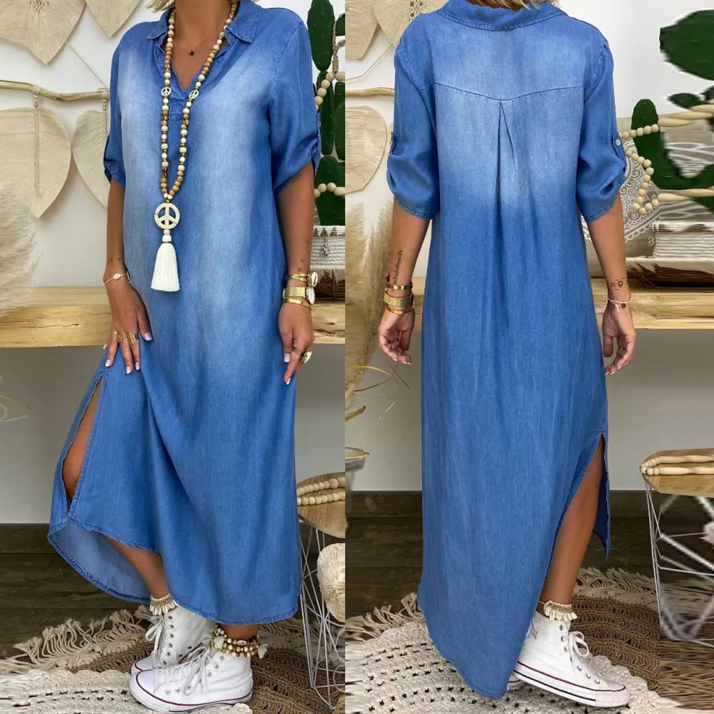 Camila | Long Dress in Denim Look with Side Slit