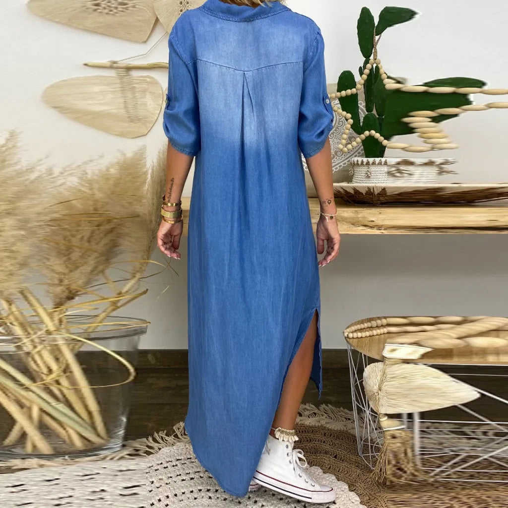 Camila | Long Dress in Denim Look with Side Slit