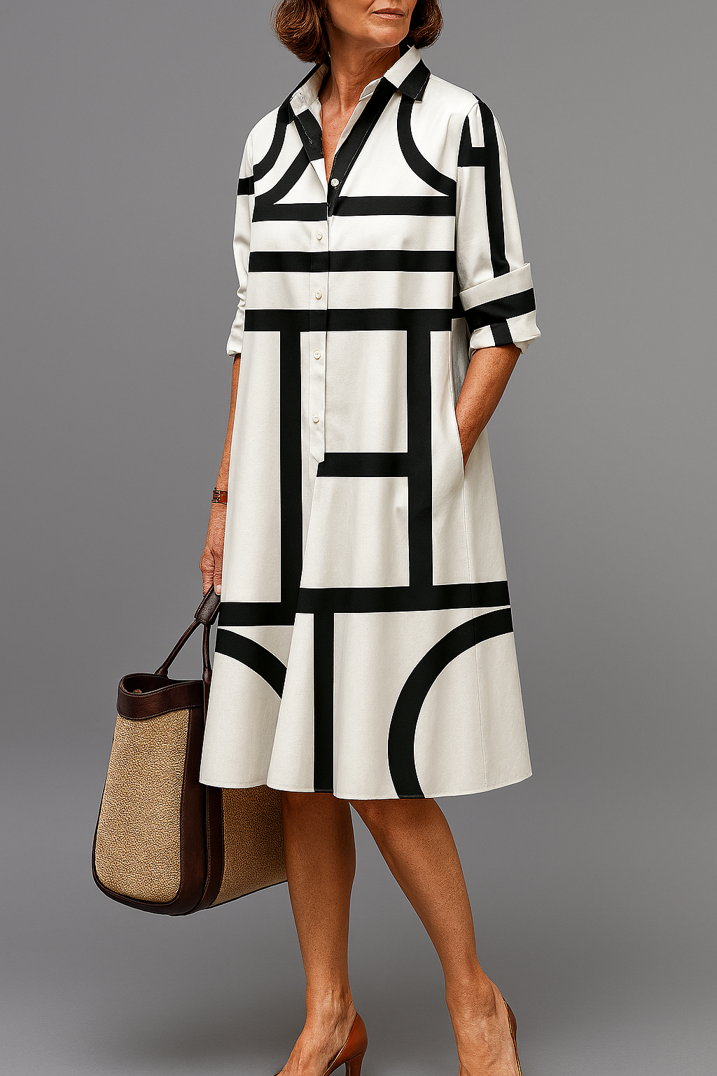 Averine™ Monochrome Grid Shirt Dress