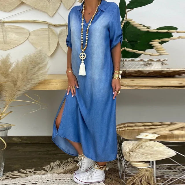 Camila | Long Dress in Denim Look with Side Slit