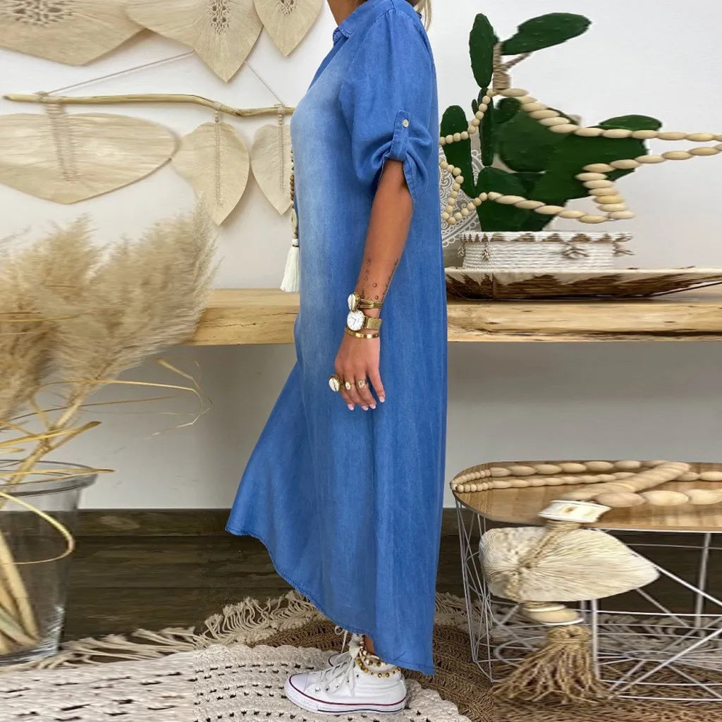 Camila | Long Dress in Denim Look with Side Slit