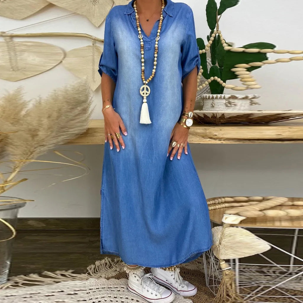 Camila | Long Dress in Denim Look with Side Slit