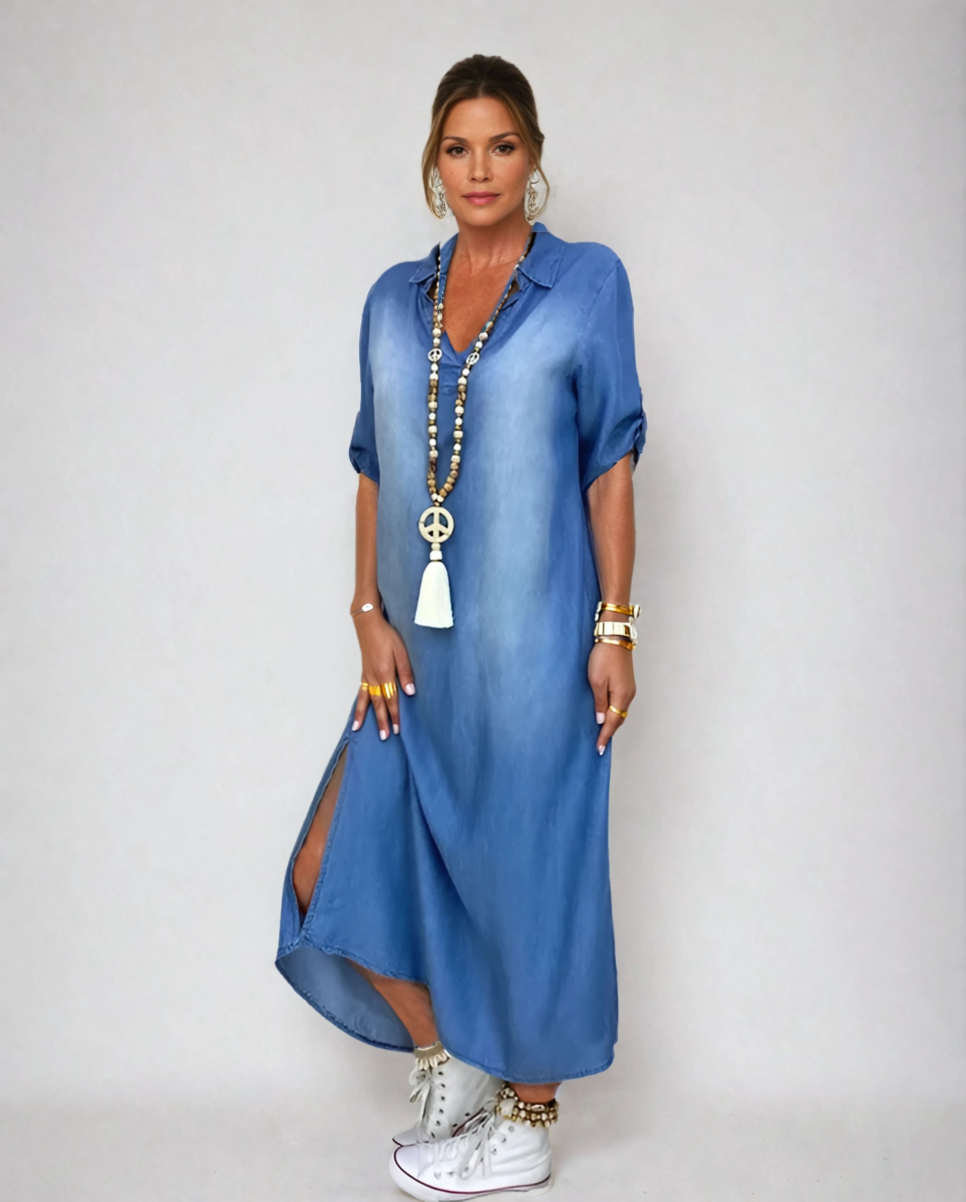 Camila | Long Dress in Denim Look with Side Slit
